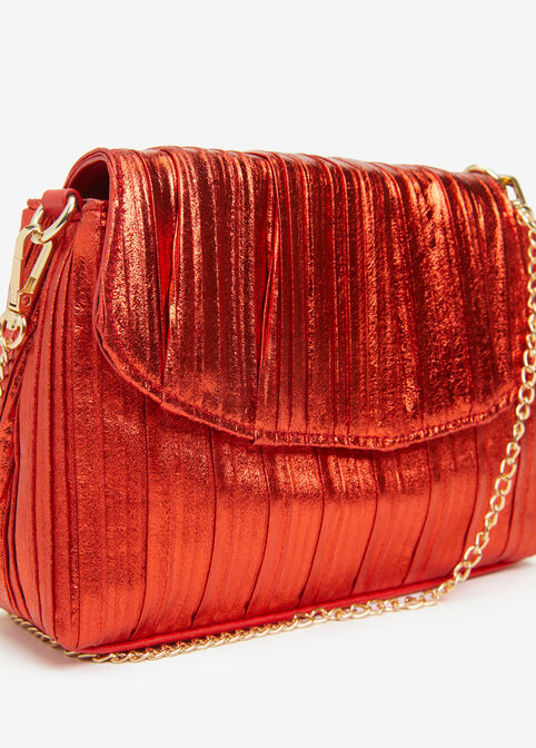 Pleated Metallic Faux Leather Clutch, Barbados Cherry image number 3