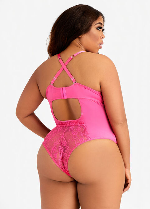 Lace Cutout Lingerie Bodysuit, Pink image number 1
