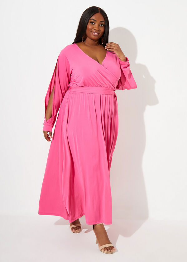 Split Sleeve Faux Wrap Maxi Dress, Fandango Pink image number 0