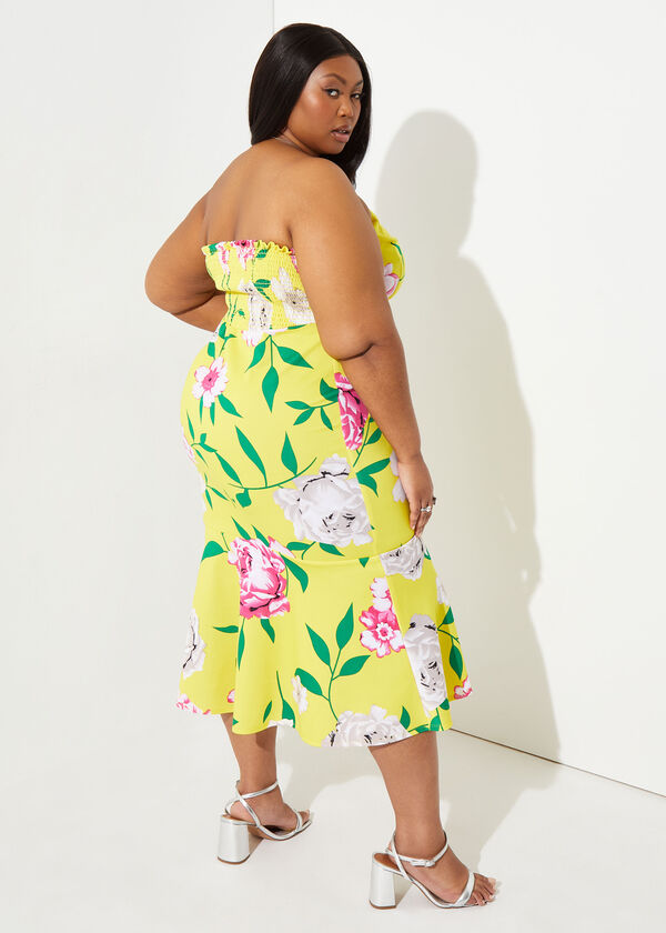 Strapless Floral Print Midi Dress, Yellow image number 1