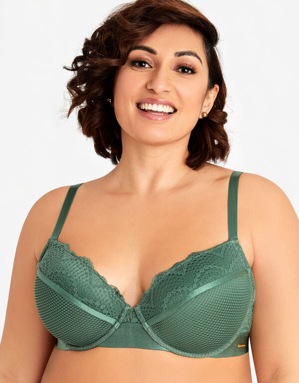 Mesh and Lace Microfiber Bra, Olive image number 0