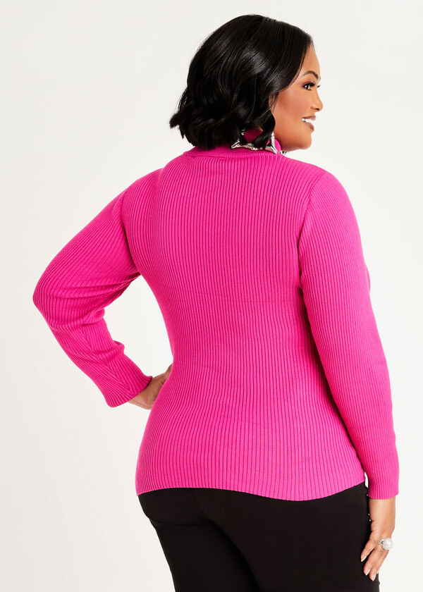 Zip Detailed Ribbed Knit Sweater, Fuchsia Red image number 1
