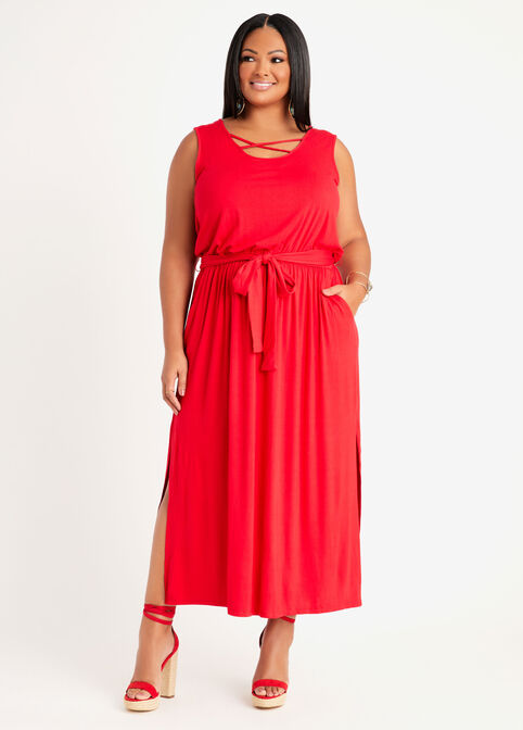 Tall Belted Lattice Maxi Dress, Tango Red image number 0