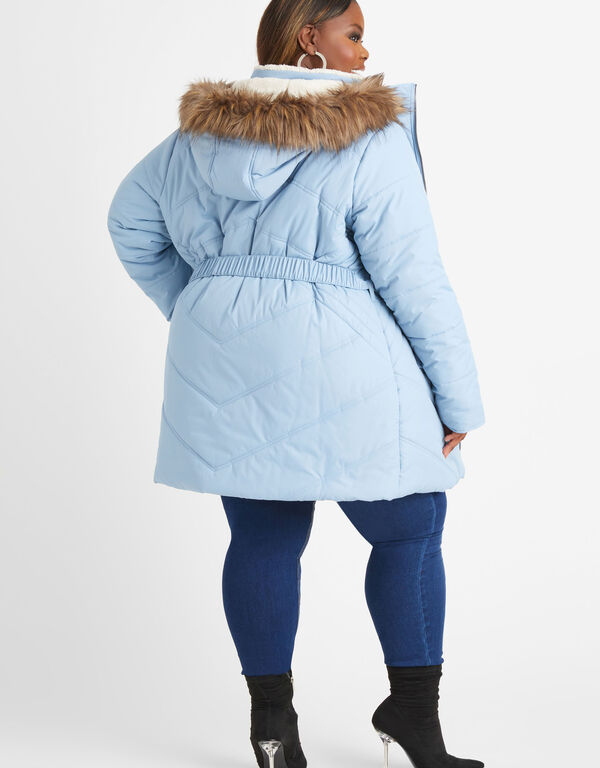 Faux Shearling Trimmed Puffer Coat, Blue image number 1