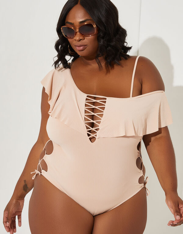 YMI Flounced One Shoulder Swimsuit, Tan image number 0