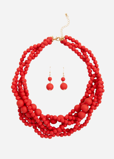 Beaded Necklace & Drop Earring Set, Jester Red image number 0