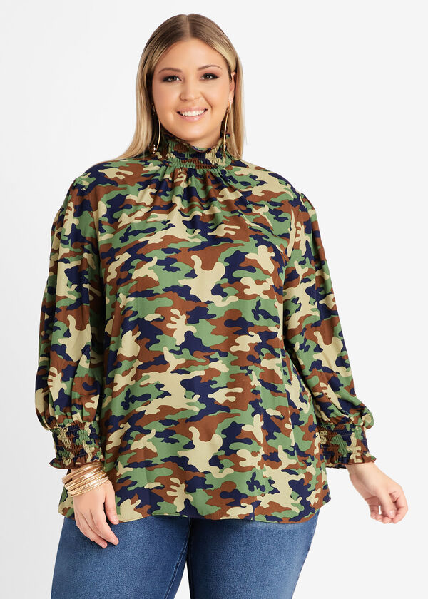 Shirred Camo Print Blouse, FAIRWAY image number 0