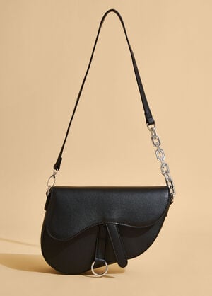 Chain Trim Faux Leather Saddle Bag, Black image number 0