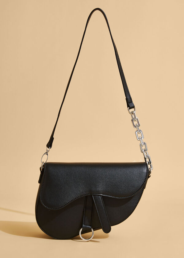 Chain Trim Faux Leather Saddle Bag, Black image number 0