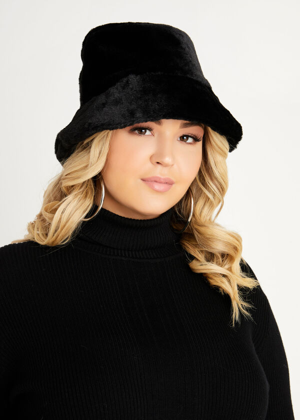 Black Faux Fur Bucket Hat, Black image number 0