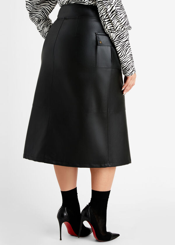 Faux Leather Front Snap Skirt, Black image number 1
