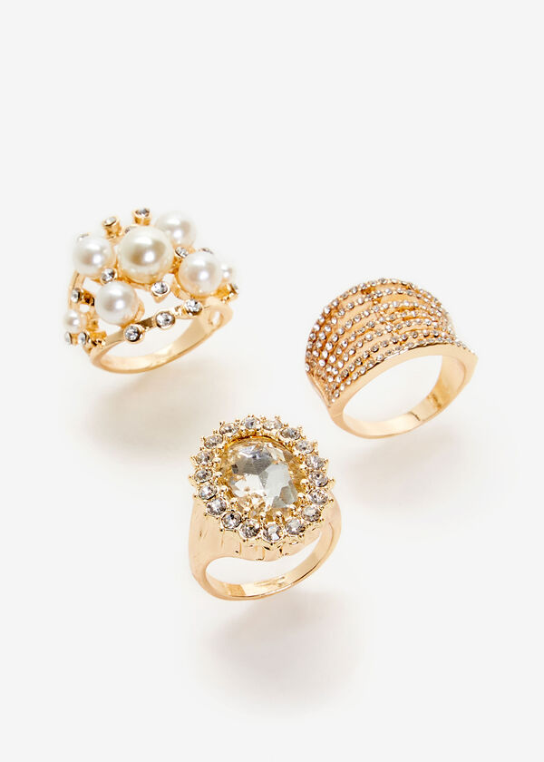 Gold Mix Pave & Pearls Ring Set, Gold image number 0