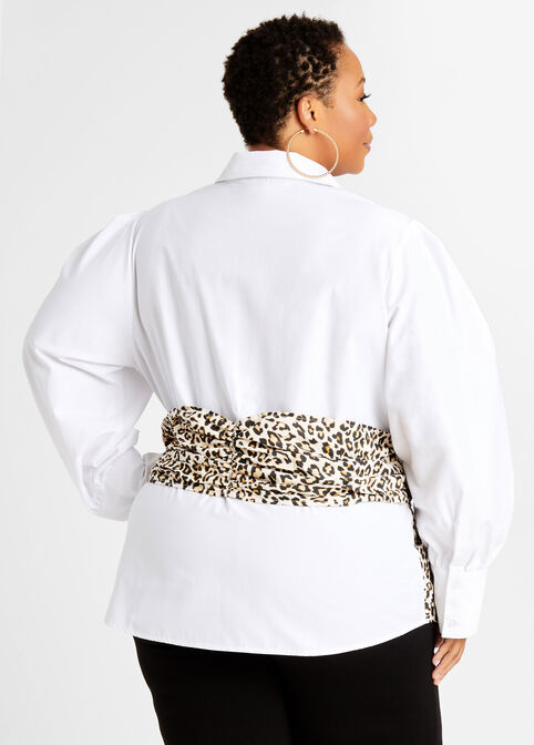 Belted Animal Print Trim Button Up, White image number 1