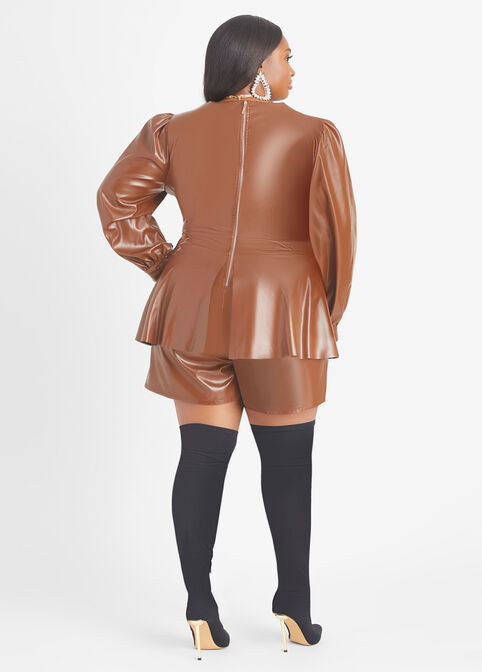 Layered Faux Leather Romper, Brown image number 1
