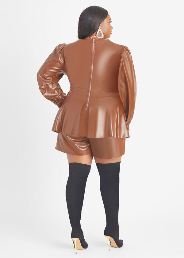 Layered Faux Leather Romper, Brown image number 1