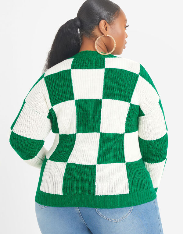 Cropped Checked Knit Cardigan, Green image number 1