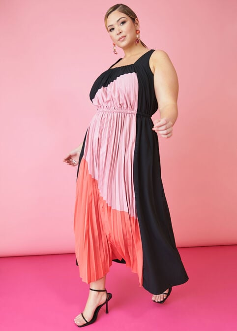Colorblock Pleated Maxi Dress, Black Combo image number 0