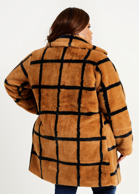 Plaid Faux Fur Coat, Camel Taupe image number 1