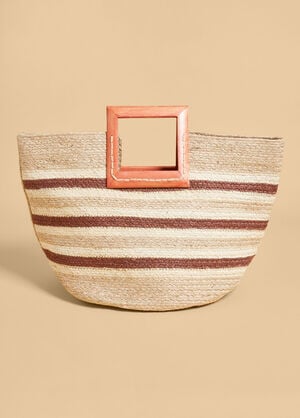 Striped Straw And Wood Tote, Natural image number 0