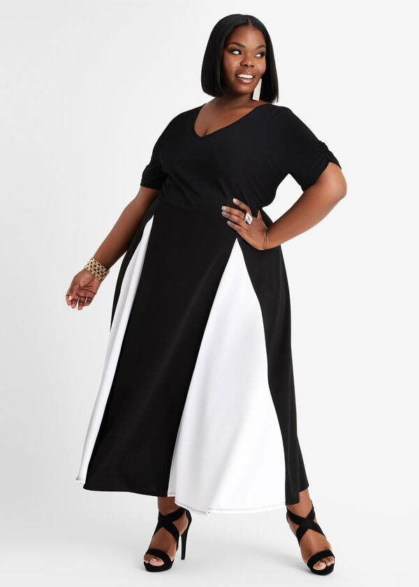 Black & White Godet Maxi Dress, Black White image number 0
