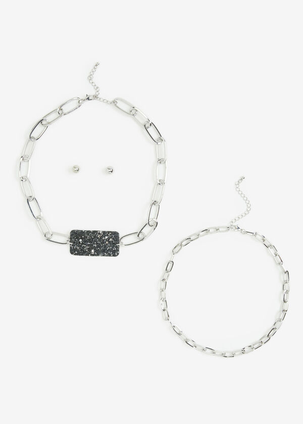Silver Tone Glittered Necklace Set, Black image number 0