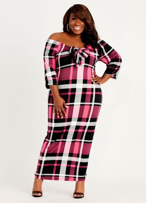 Trendy Plus Size Plaid Off The Shoulder Ruched Bodycon Midi Dress image number 0