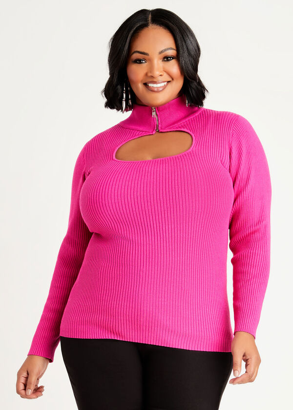 Zip Detailed Ribbed Knit Sweater, Fuchsia Red image number 0
