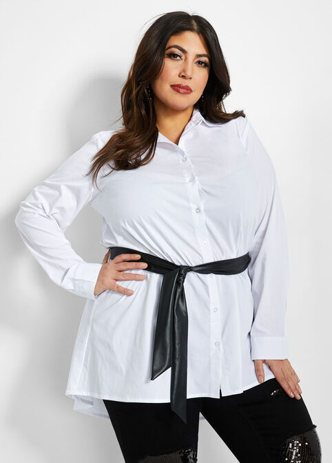 Faux Leather Belt Button-Up Tunic, White image number 0