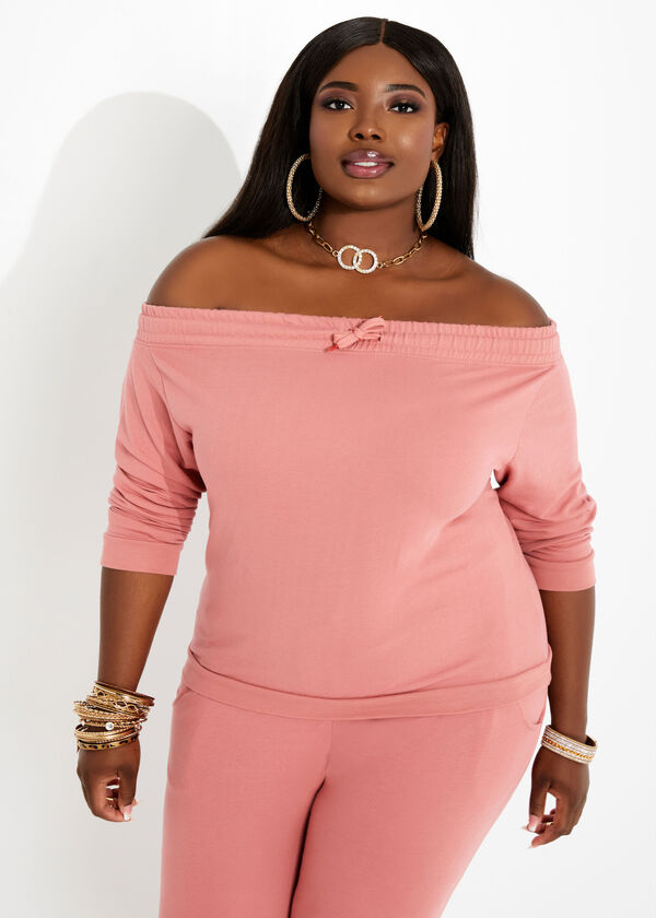 Plus Size Curvy Girl Sexy Knit Joggers Off The Shoulder Crop Top Set image number 0