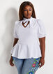 Plus Size Chic Knit Puff Sleeve Cutout Bust Tie Neck Peplum Top image number 0