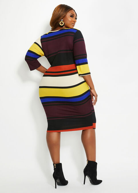 Belted Striped Elbow Sleeve Dress, Multi image number 1