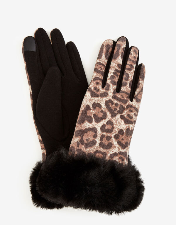 Faux Fur Trimmed Leopard Gloves, Brown Animal image number 0