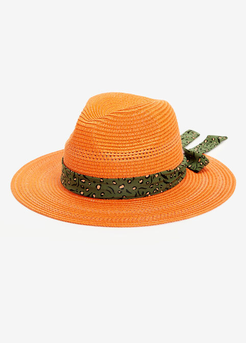 Leopard Trim Straw Panama Hat, Marmalade image number 0