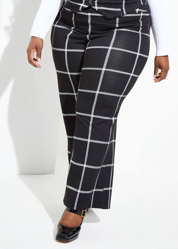 Plaid Knitted Wide Leg Pants, Black White image number 0