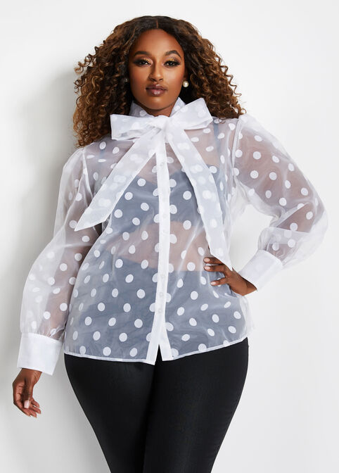 Organza Dot Tie Neck Button-Up Top, White image number 2