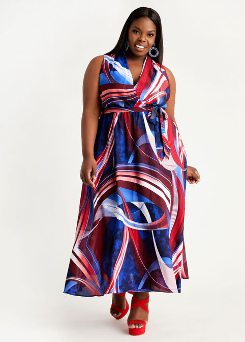 Belted Abstract Wrap Maxi Dress, Multi image number 0