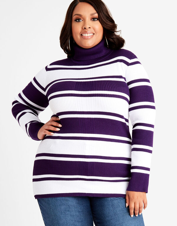 Stripe Rib Knit Turtleneck Sweater, Acai image number 0