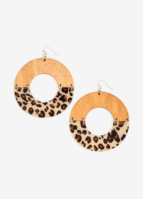 Leopard Print And Wood Earrings, Brown Animal image number 0