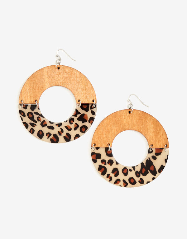Leopard Print And Wood Earrings, Brown Animal image number 0