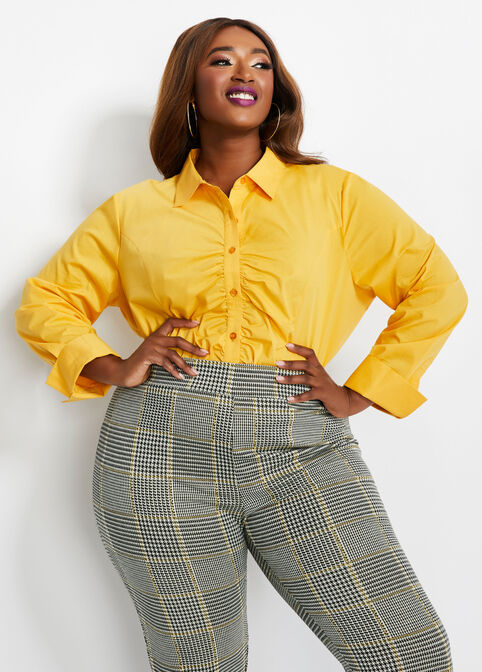 Tall Ruched Front Button- Up Top, Amber Yellow image number 0