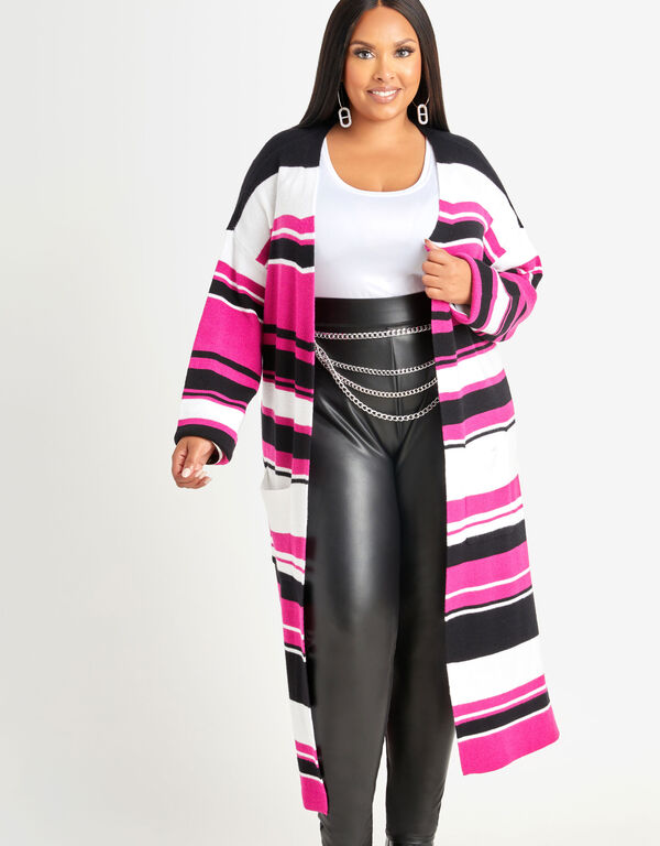 Striped Stretch Knit Cardigan, Fuchsia Red image number 0