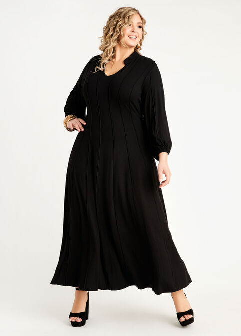Plus Size Poet Sleeve Stretch Knit Seamed Maxi Ruffle Trim Dress image number 0