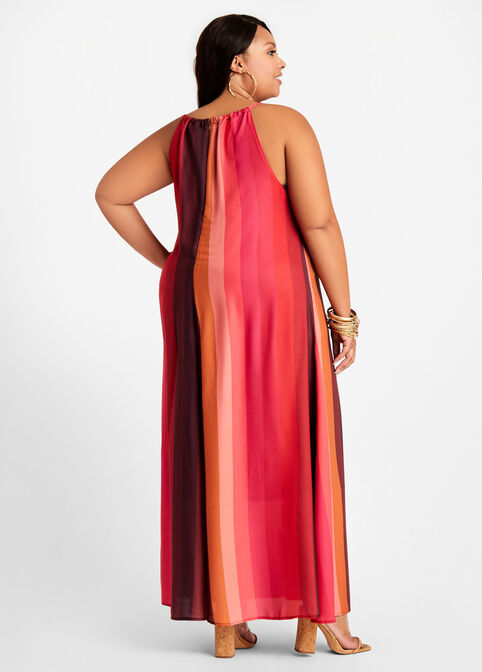 Colorblock Stripe Halter Maxi Dress, Multi image number 1