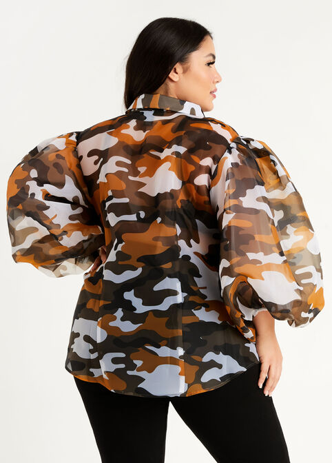 Tall Camo Organza Puff Sleeve Top, Olive Night image number 1