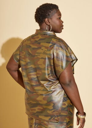 Tie Detailed Camo Faux Leather Top, Olive image number 1