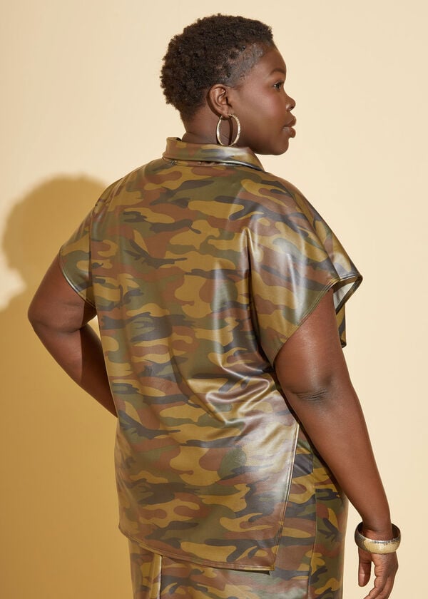 Tie Detailed Camo Faux Leather Top, Olive image number 1