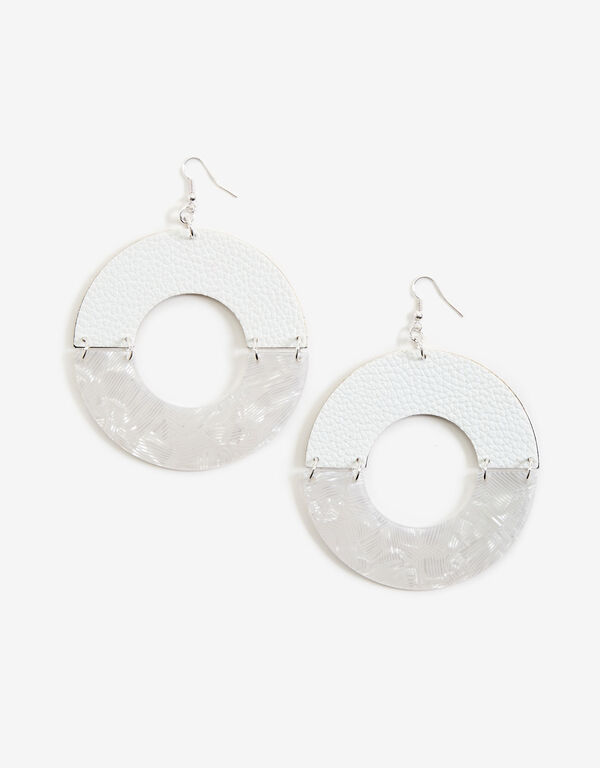 Faux Leather Silver Earrings, White image number 0