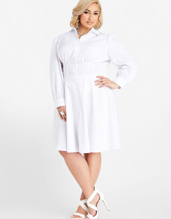 Corset Waist Lace Up Shirtdress, White image number 0