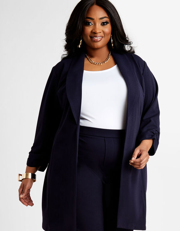 Ruched Sleeve Longline Open Blazer, Navy image number 0