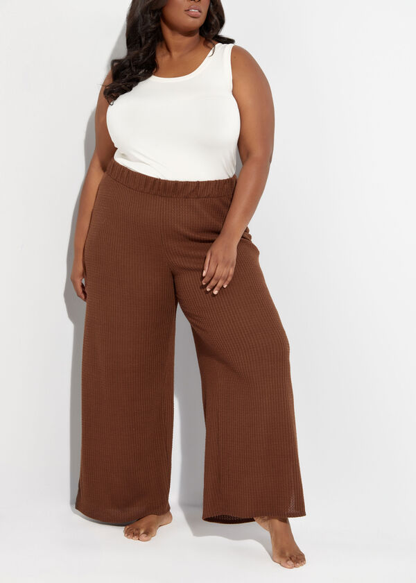 Waffle Knit Wide Leg Lounge Pants, Brown image number 0